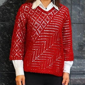 かぎ針編み切り替え模様の七分袖プルMサイズキット　ハマナカアメリーエフラメ